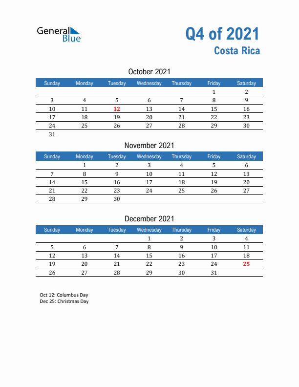 Costa Rica Q4 2021 Quarterly Calendar with Sunday Start