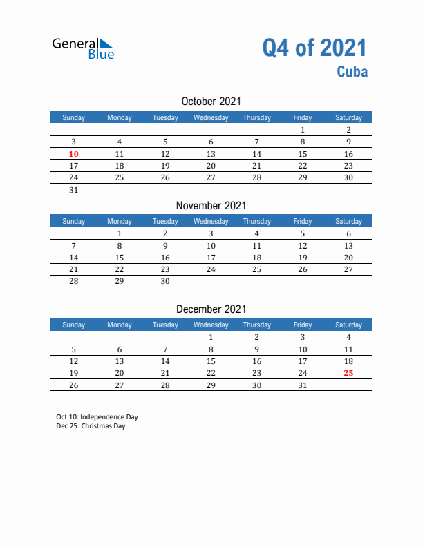 Cuba Q4 2021 Quarterly Calendar with Sunday Start