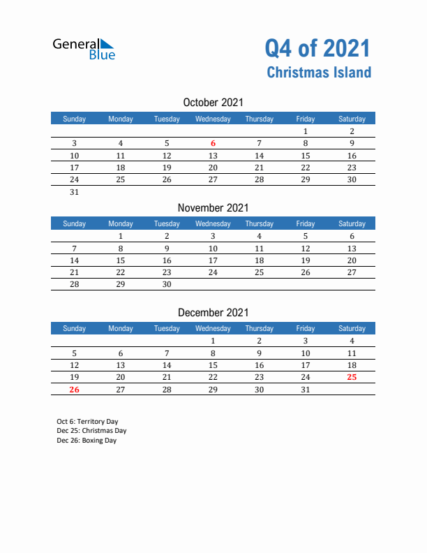 Christmas Island Q4 2021 Quarterly Calendar with Sunday Start