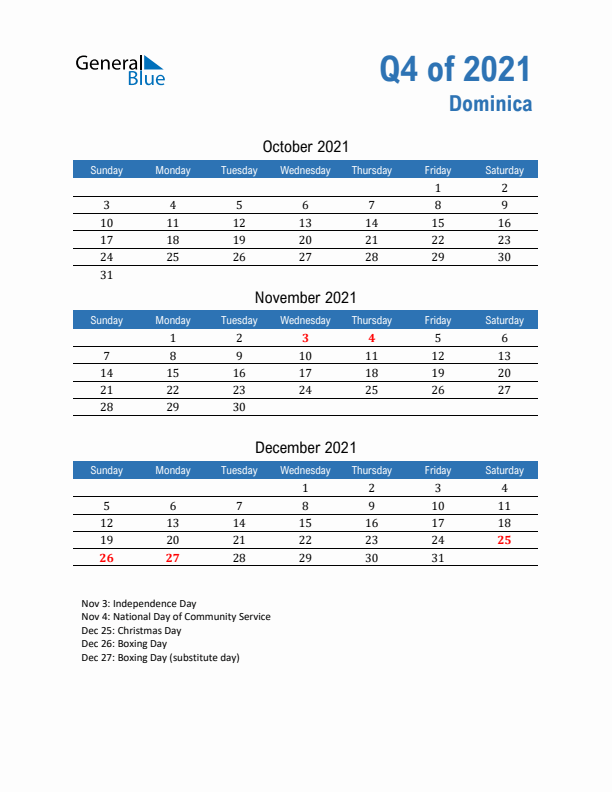 Dominica Q4 2021 Quarterly Calendar with Sunday Start