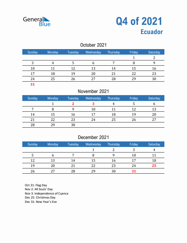 Ecuador Q4 2021 Quarterly Calendar with Sunday Start