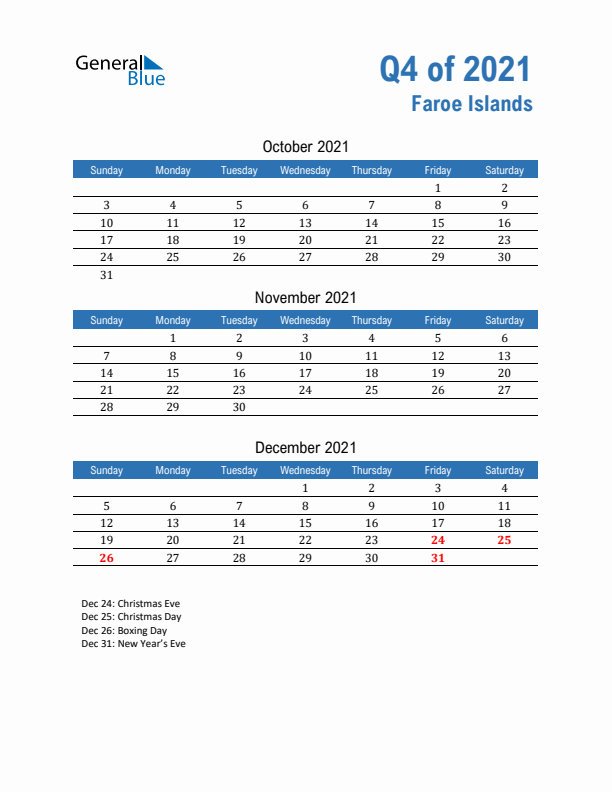 Faroe Islands Q4 2021 Quarterly Calendar with Sunday Start