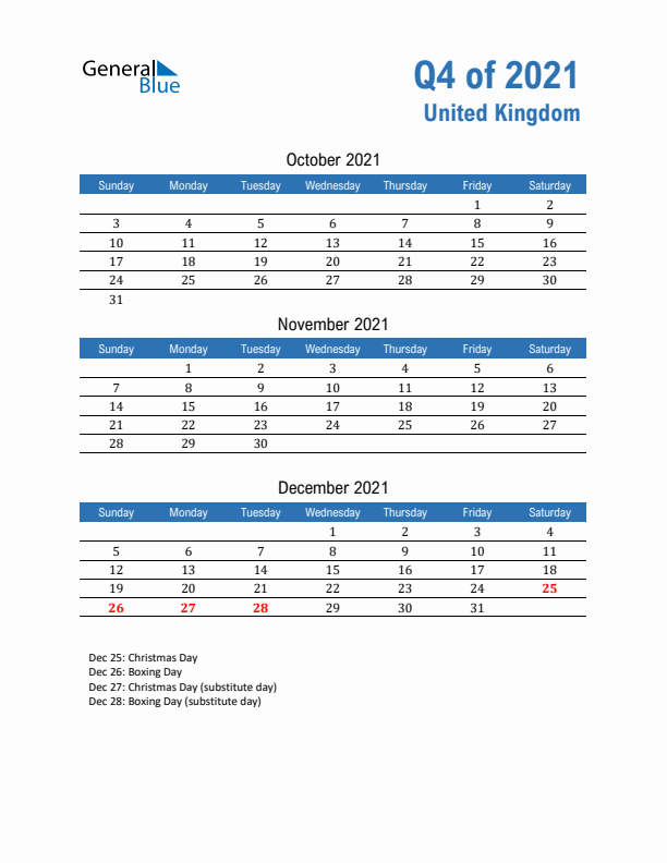 United Kingdom Q4 2021 Quarterly Calendar with Sunday Start