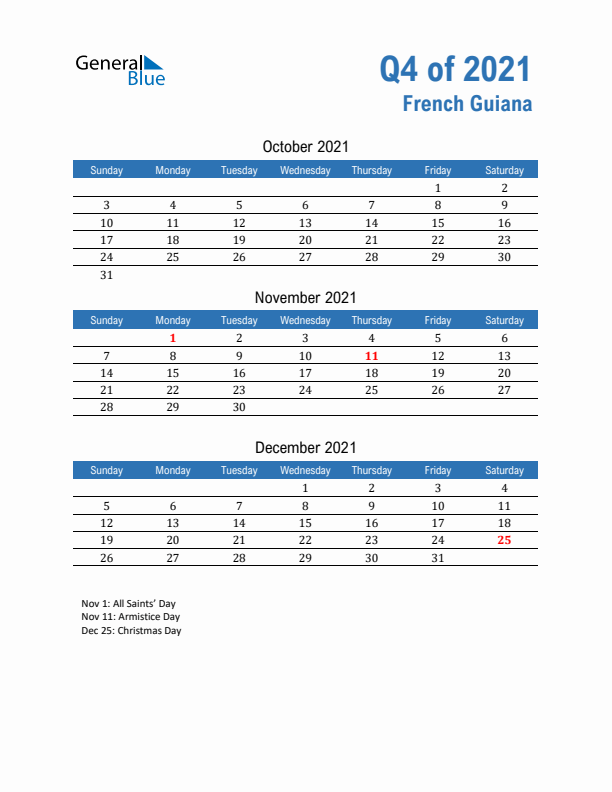 French Guiana Q4 2021 Quarterly Calendar with Sunday Start