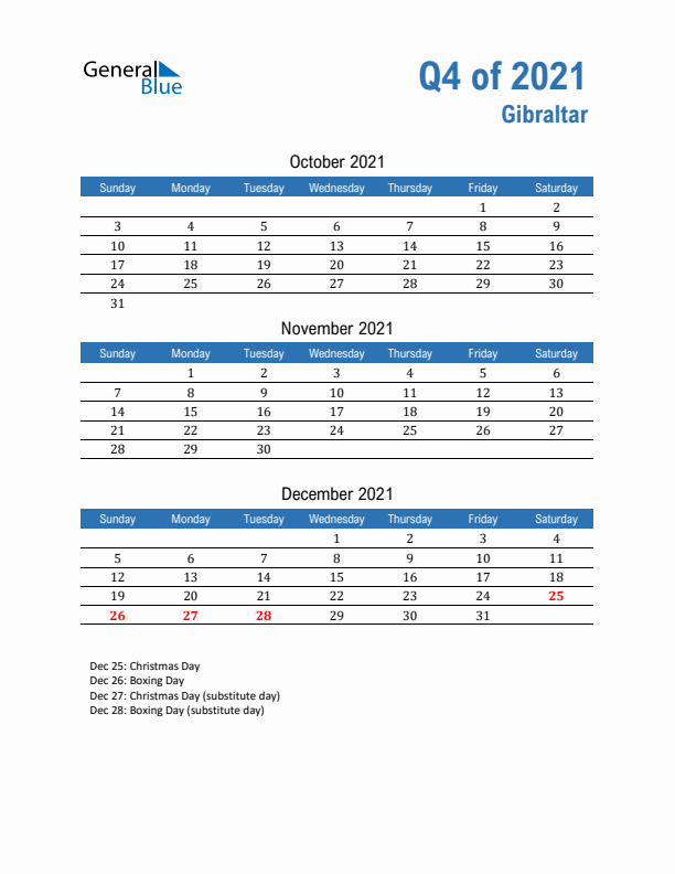 Gibraltar Q4 2021 Quarterly Calendar with Sunday Start