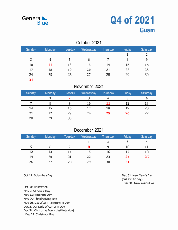 Guam Q4 2021 Quarterly Calendar with Sunday Start