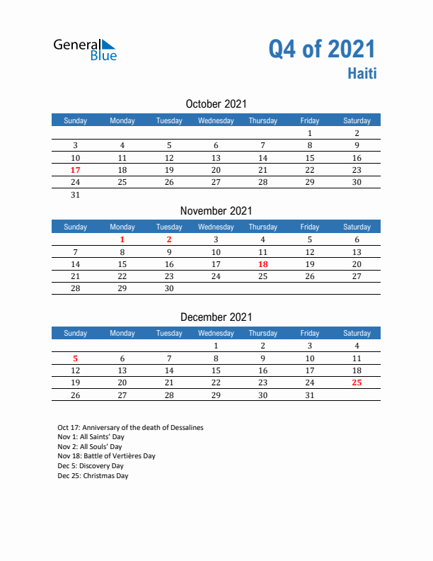 Haiti Q4 2021 Quarterly Calendar with Sunday Start