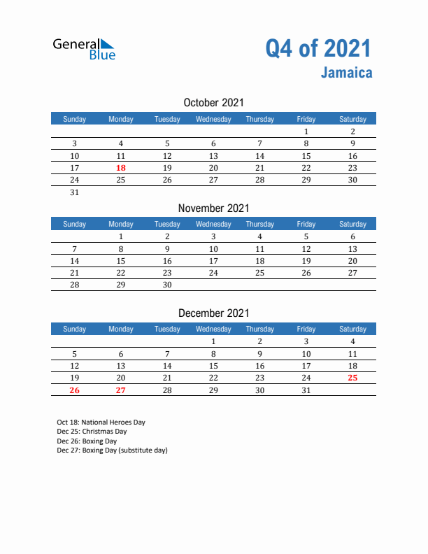 Jamaica Q4 2021 Quarterly Calendar with Sunday Start