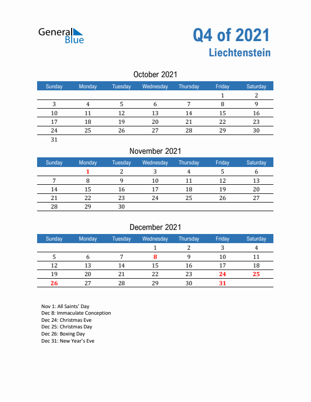 Liechtenstein Q4 2021 Quarterly Calendar with Sunday Start