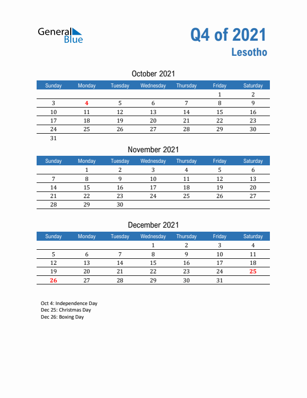 Lesotho Q4 2021 Quarterly Calendar with Sunday Start