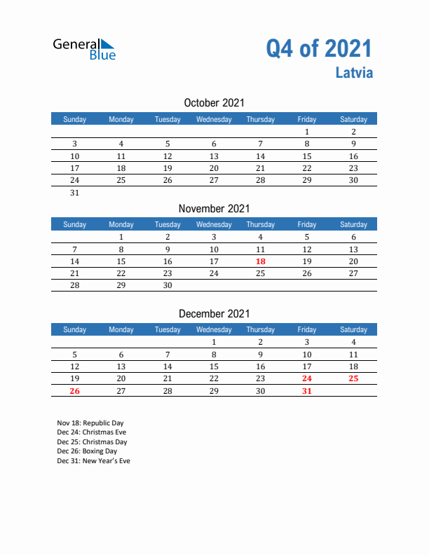 Latvia Q4 2021 Quarterly Calendar with Sunday Start