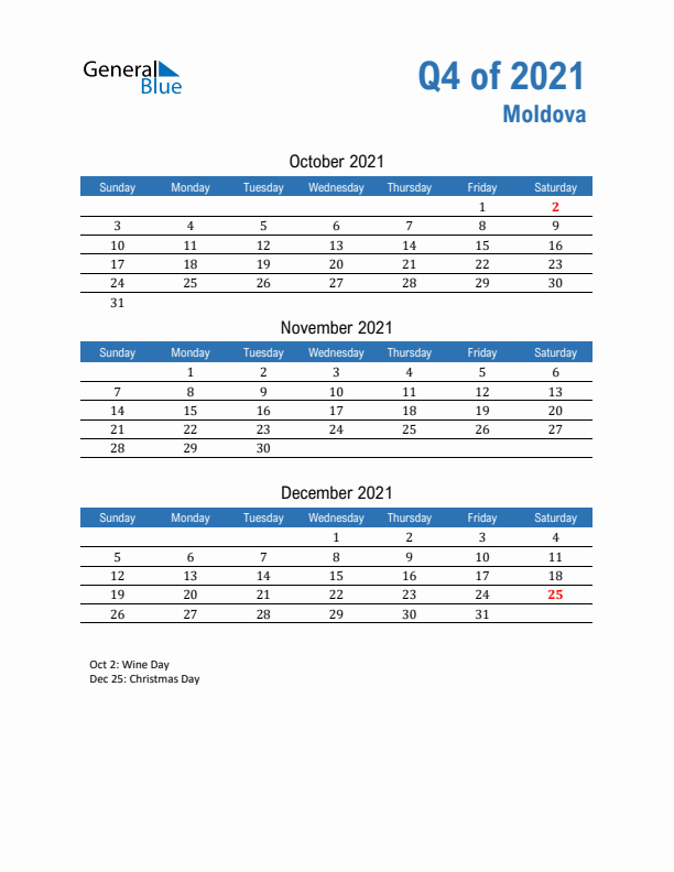 Moldova Q4 2021 Quarterly Calendar with Sunday Start