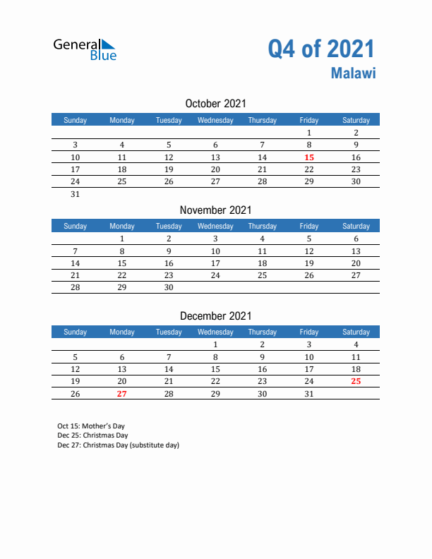 Malawi Q4 2021 Quarterly Calendar with Sunday Start