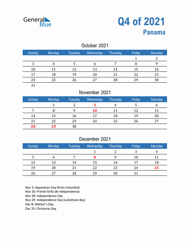 Panama Q4 2021 Quarterly Calendar with Sunday Start