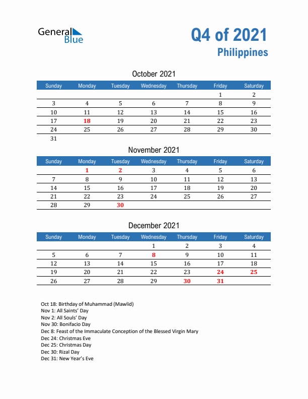 Philippines Q4 2021 Quarterly Calendar with Sunday Start