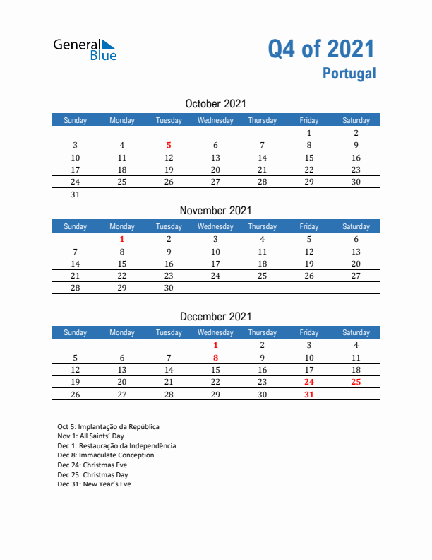 Portugal Q4 2021 Quarterly Calendar with Sunday Start