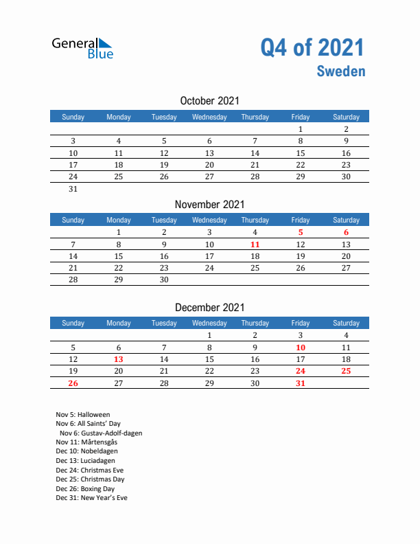 Sweden Q4 2021 Quarterly Calendar with Sunday Start