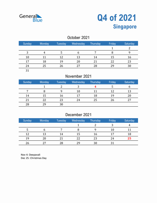 Singapore Q4 2021 Quarterly Calendar with Sunday Start