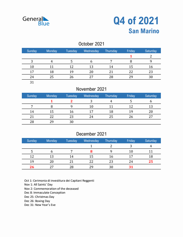 San Marino Q4 2021 Quarterly Calendar with Sunday Start