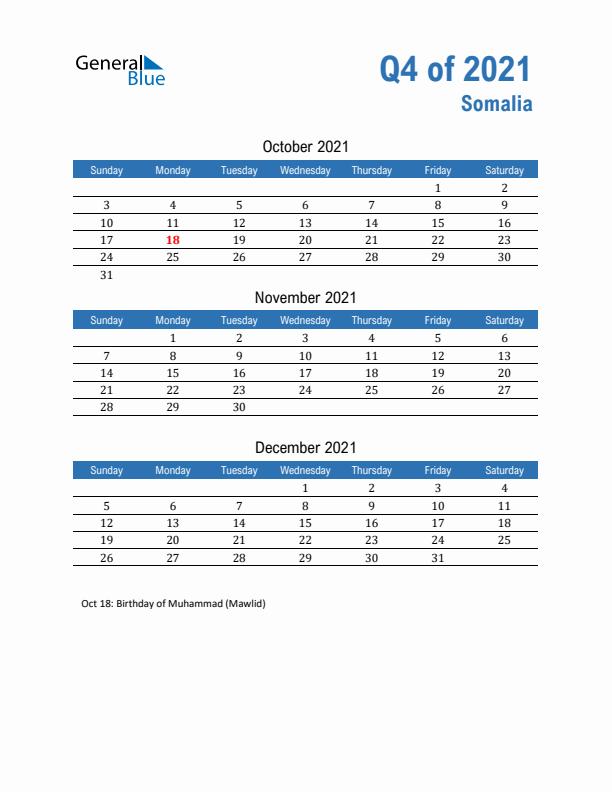 Somalia Q4 2021 Quarterly Calendar with Sunday Start