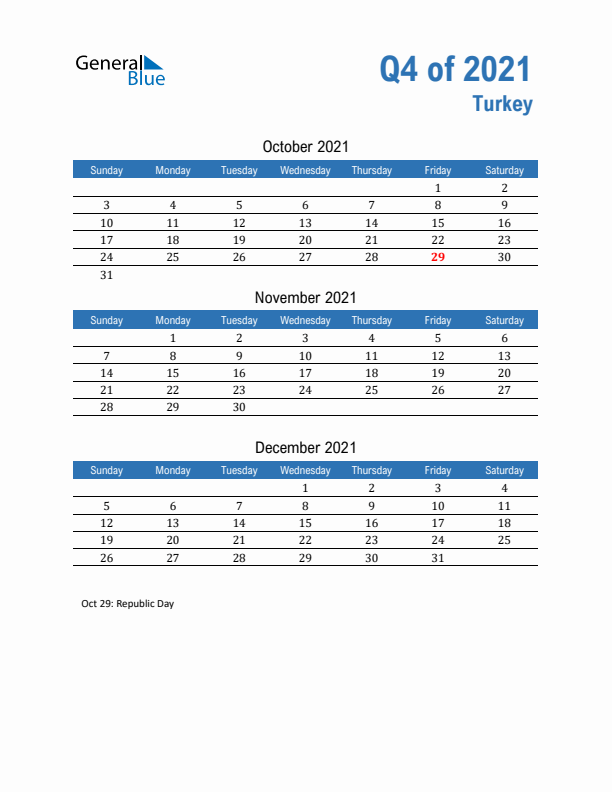 Turkey Q4 2021 Quarterly Calendar with Sunday Start