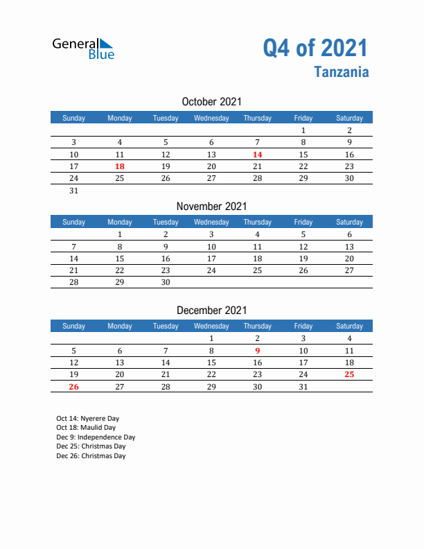 Tanzania Q4 2021 Quarterly Calendar with Sunday Start