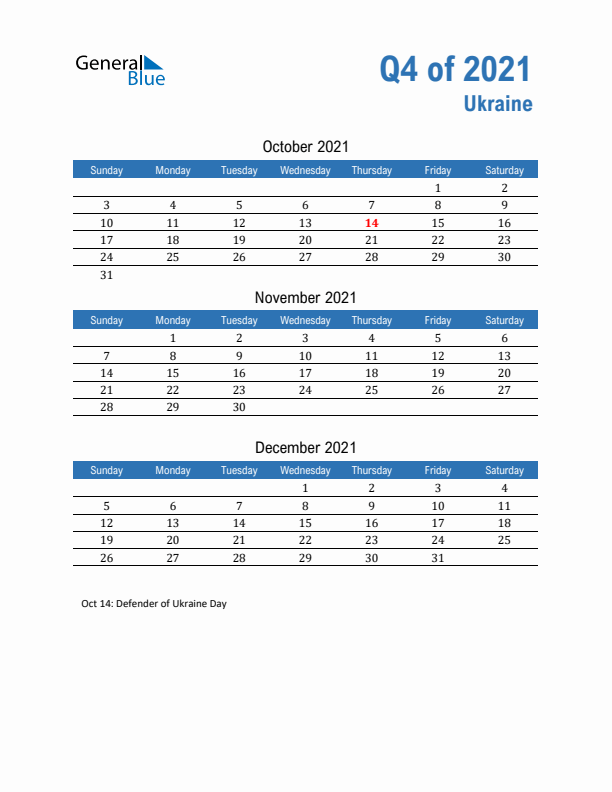 Ukraine Q4 2021 Quarterly Calendar with Sunday Start