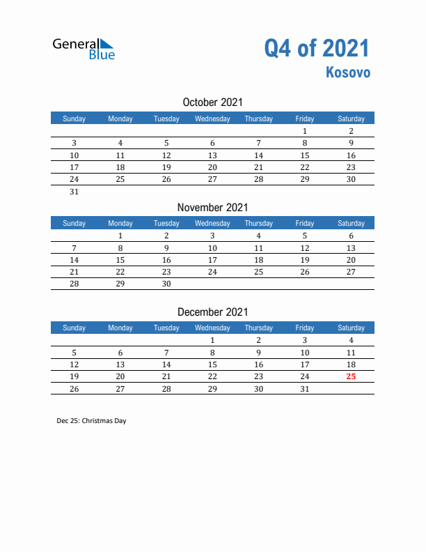 Kosovo Q4 2021 Quarterly Calendar with Sunday Start