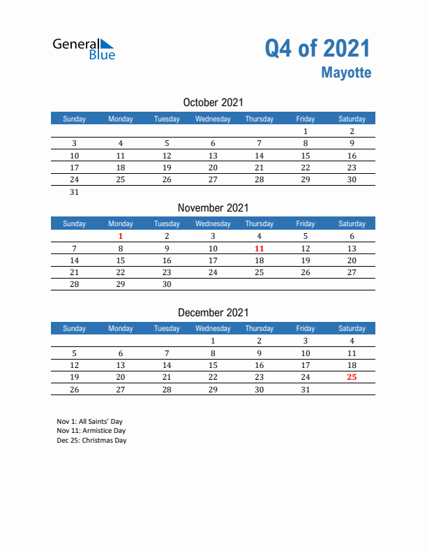 Mayotte Q4 2021 Quarterly Calendar with Sunday Start