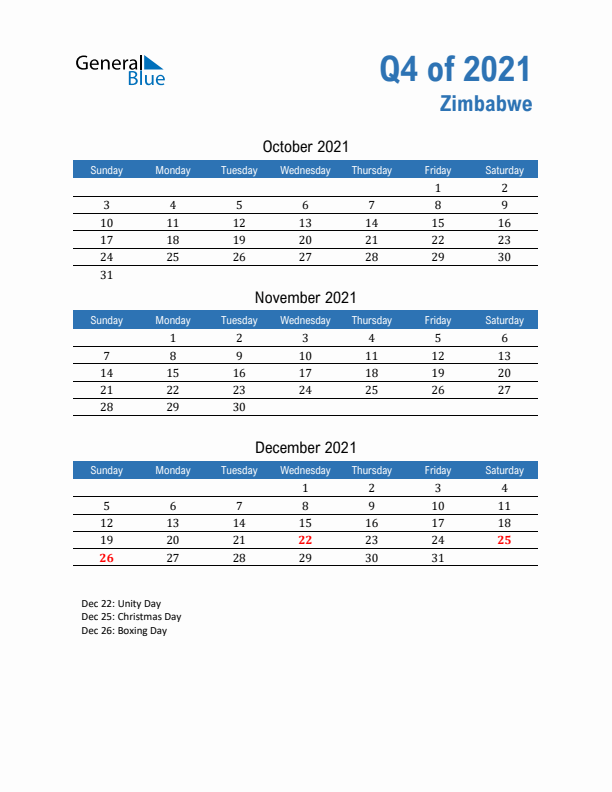 Zimbabwe Q4 2021 Quarterly Calendar with Sunday Start