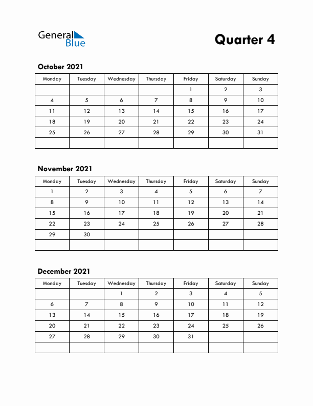 Quarter 4 2021 Calendar - Monday Start