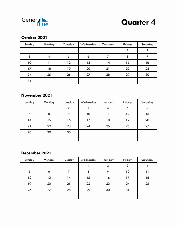 Quarter 4 2021 Calendar - Sunday Start