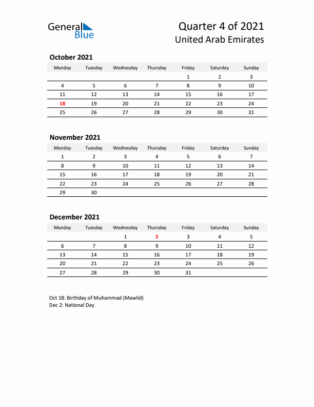 2021 Q4 Three-Month Calendar for United Arab Emirates