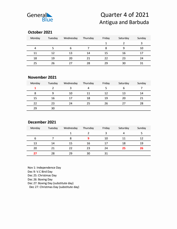 2021 Q4 Three-Month Calendar for Antigua and Barbuda