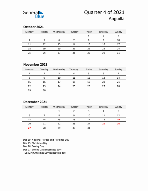 2021 Q4 Three-Month Calendar for Anguilla