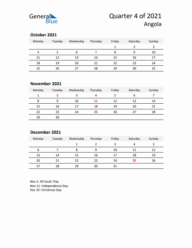 2021 Q4 Three-Month Calendar for Angola