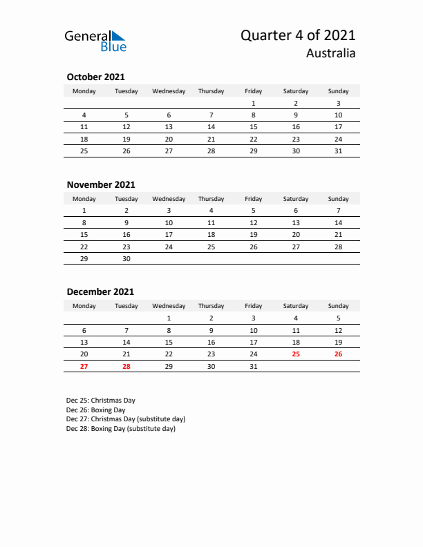 2021 Q4 Three-Month Calendar for Australia