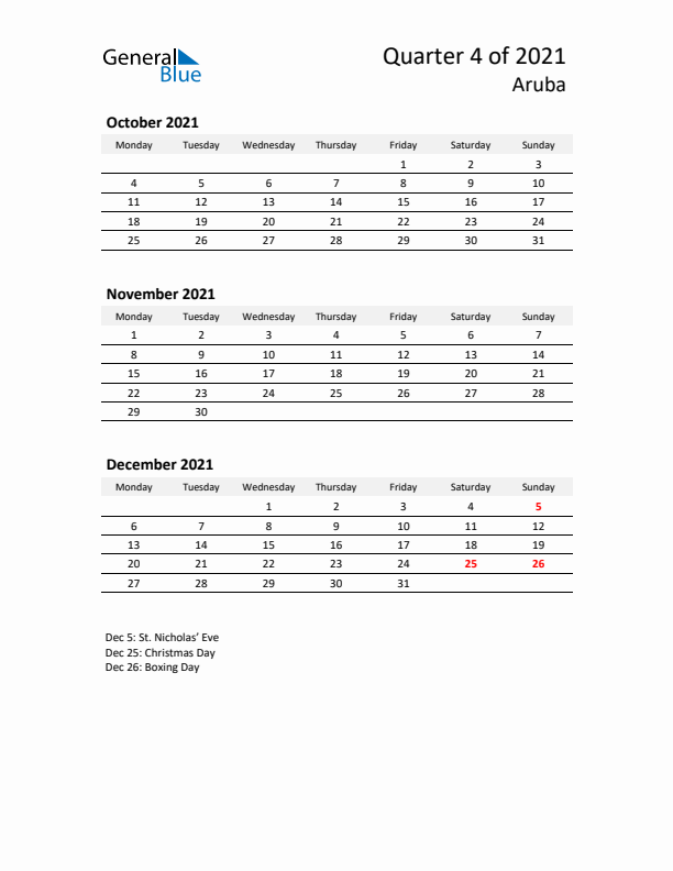 2021 Q4 Three-Month Calendar for Aruba