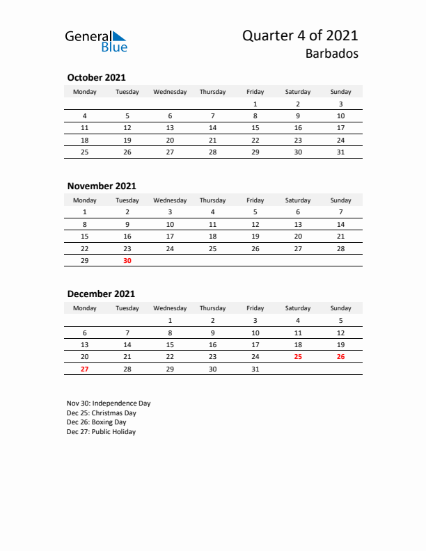 2021 Q4 Three-Month Calendar for Barbados