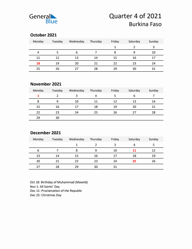 2021 Q4 Three-Month Calendar for Burkina Faso