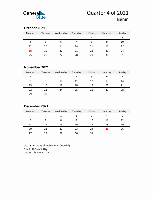 2021 Q4 Three-Month Calendar for Benin