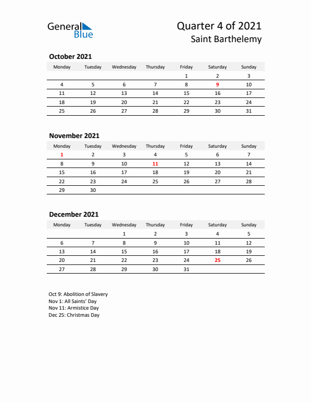 2021 Q4 Three-Month Calendar for Saint Barthelemy