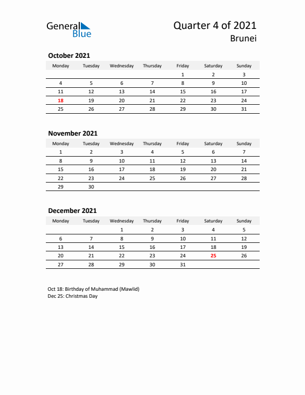 2021 Q4 Three-Month Calendar for Brunei