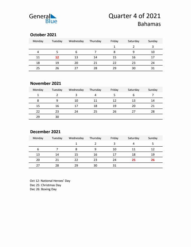 2021 Q4 Three-Month Calendar for Bahamas