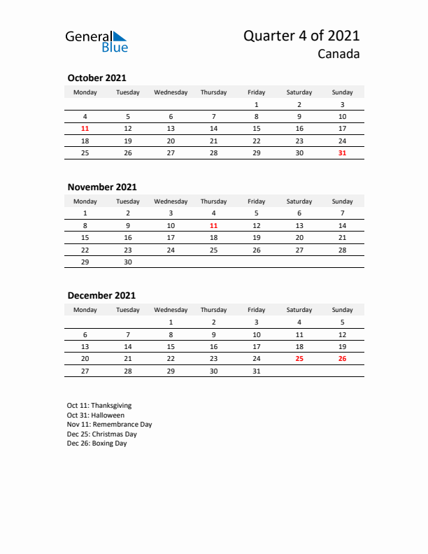 2021 Q4 Three-Month Calendar for Canada