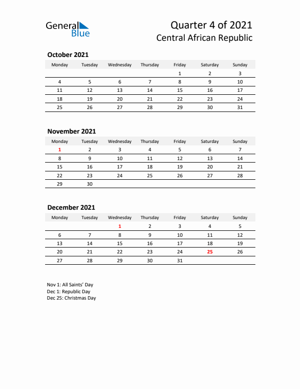 2021 Q4 Three-Month Calendar for Central African Republic