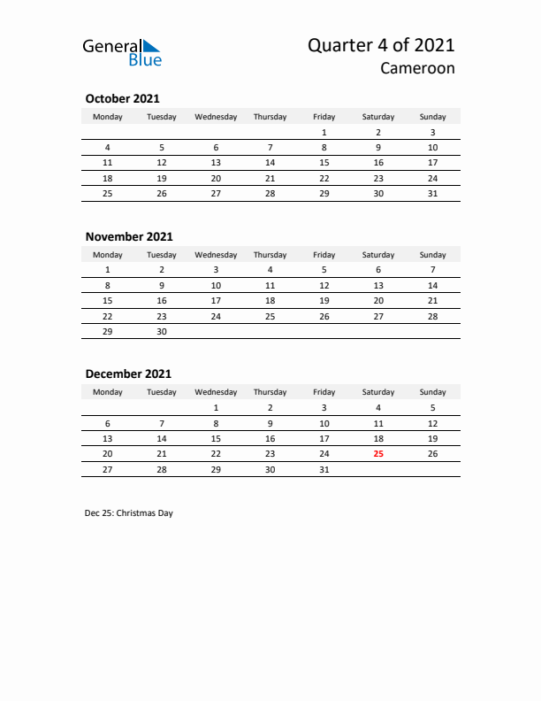 2021 Q4 Three-Month Calendar for Cameroon