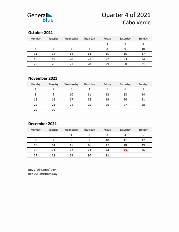 2021 Q4 Three-Month Calendar for Cabo Verde