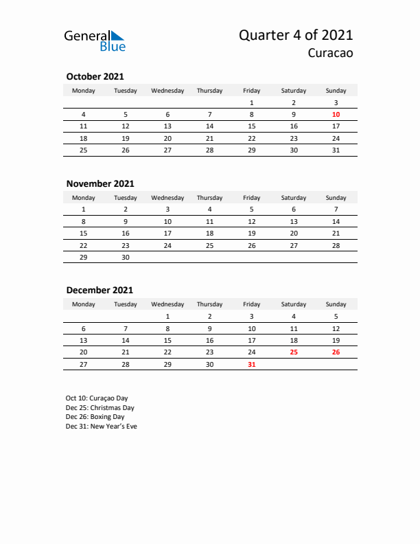 2021 Q4 Three-Month Calendar for Curacao