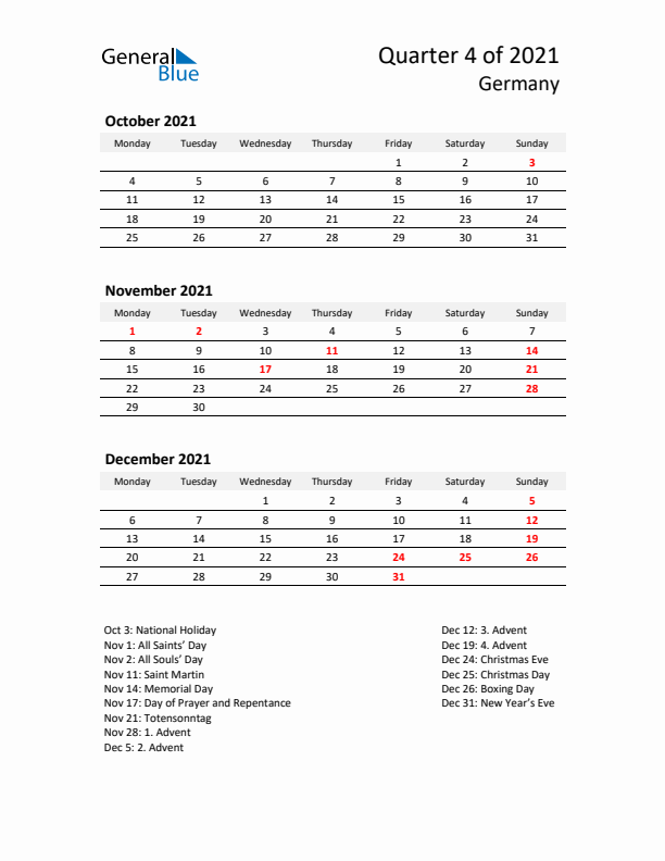 2021 Q4 Three-Month Calendar for Germany